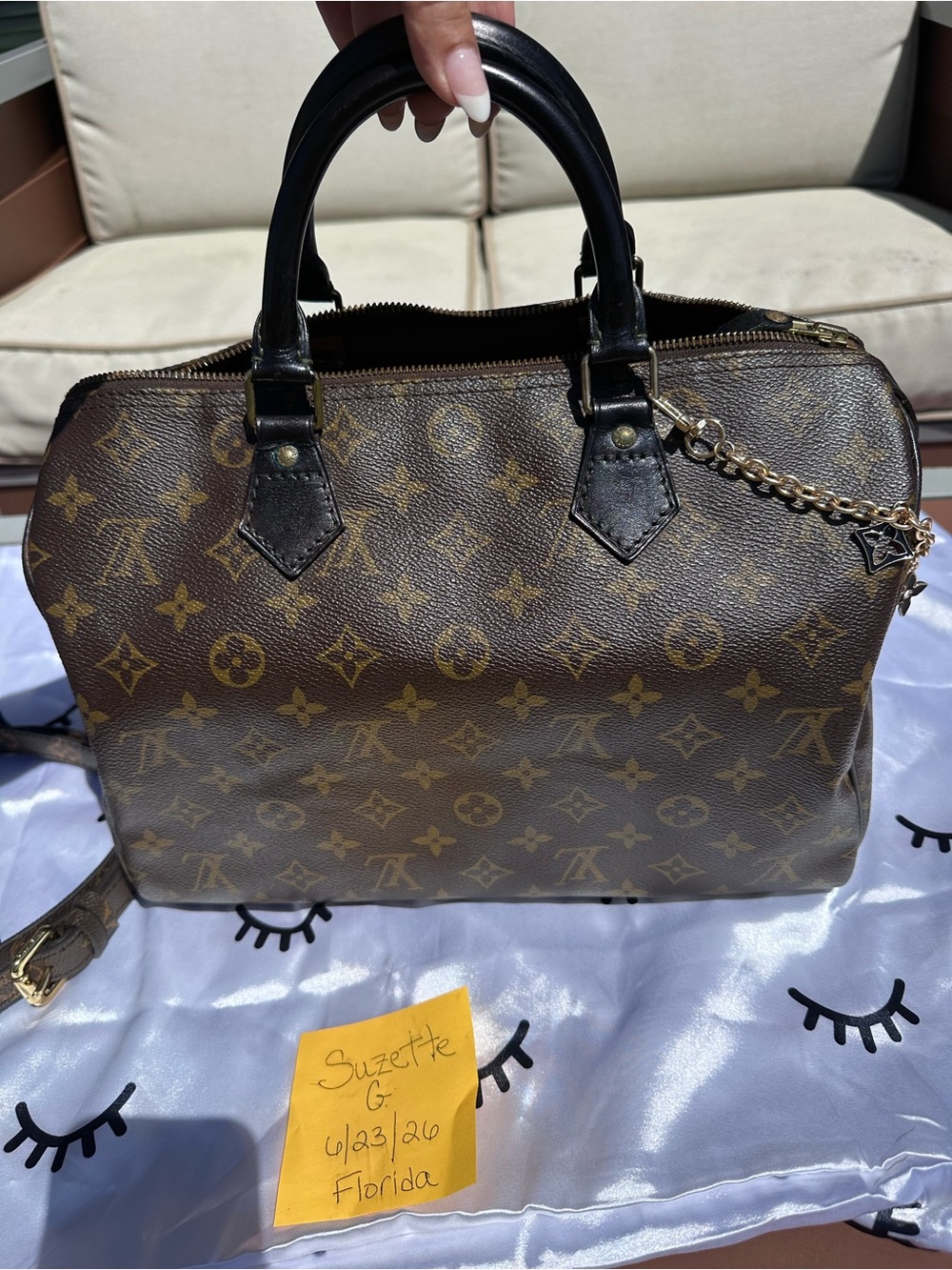 Louis Vuitton Brown Monogram Satchel with Black Handles